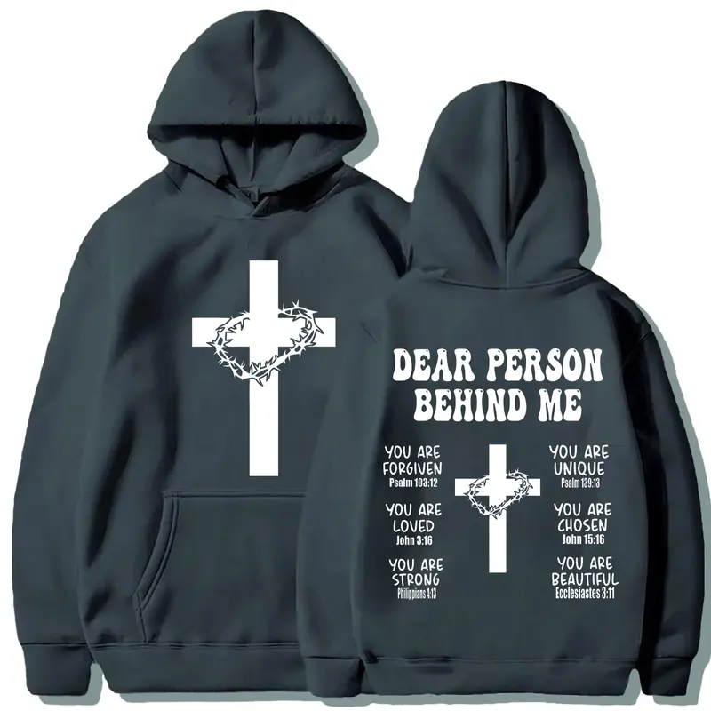 Christian Fitted Hoodie with Bible Verse, Long Sleeve Inspirational Sports Sweatshirt, Faith Cross Graphic Printed Pullover Hoodie, Casual Fall & Winter Wear, Printed Hooded
