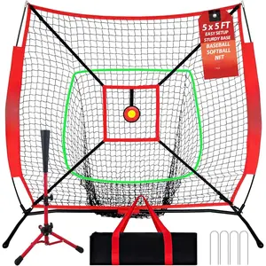 5x5ft Baseball & Softball Practice Net for ,with Red Youth Tee & Strike Zone, Portable Backyard Batting Net for Softball & Baseball,  for  12 & Under