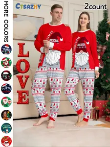 Christmas Couple Pajamas Set, Santa Claus Print, Casual Fitted Home Wear, Fall & Winter Thin Fabric, Comfortable Daily Sleepwear