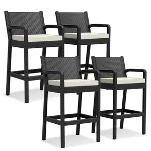 Gaomon 30" Weatherproof Wicker Outdoor Bar Stools Set of 4 with Cushions, High Armrest Wicker Frame, Easy Setup 4-Seat Patio Furniture for Backyard, Pool