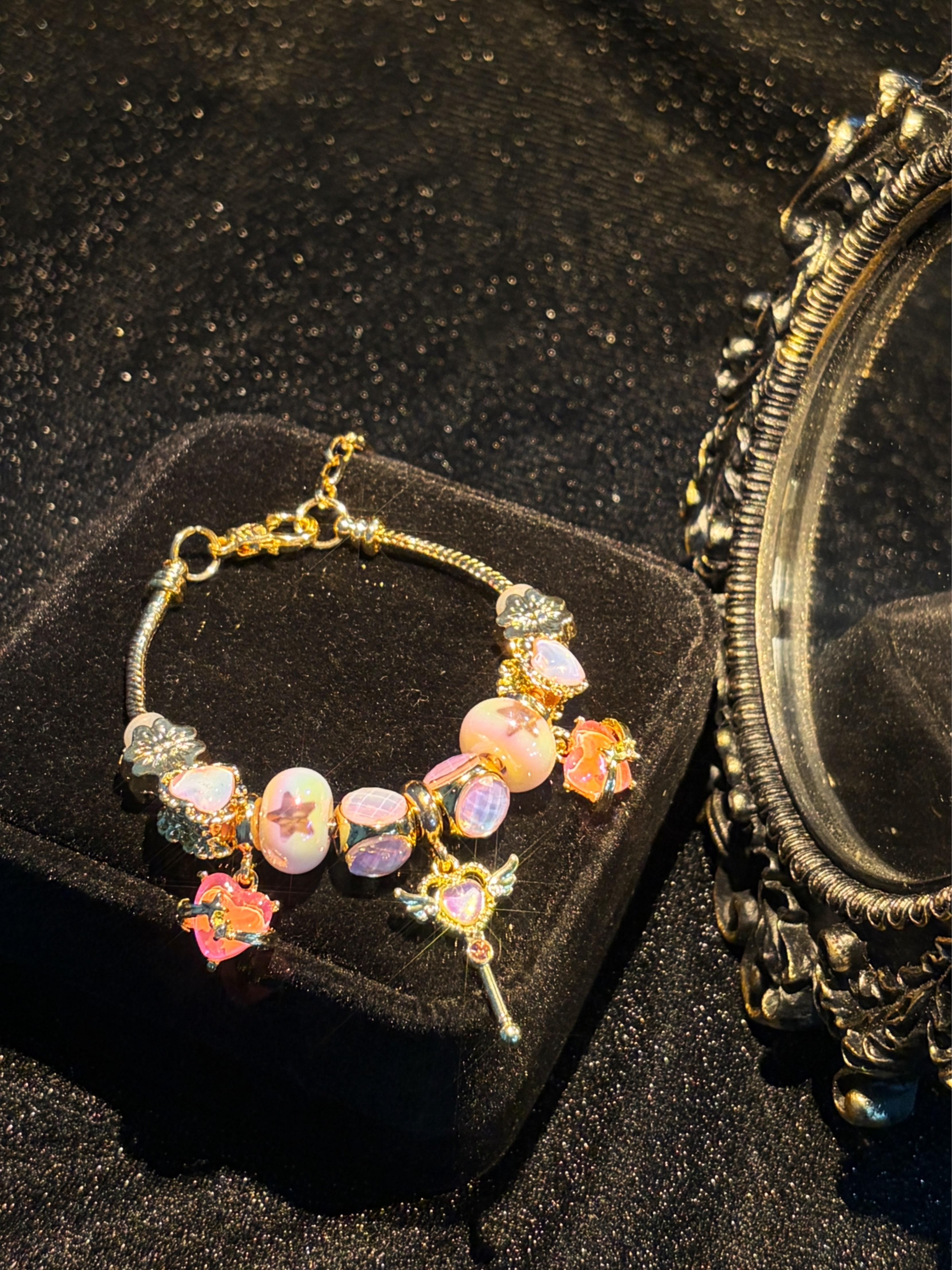 Women's Gold-Tone Magical Girl Snake Chain Bracelet, Adjustable Extension Chain, Enamel Magic Wand Heart Flower Dangle Pendants, Iridescent Pink-Orange Glass Beads, Stackable Costume Jewelry for Daily Party Gifting