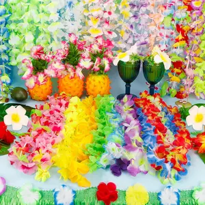 24pcs Hawaiian Leis Bulk Luau Party Silk Flower Necklace Colorful Tropical Hawaiian Bulk Hula Dance Party Decor Flower Leis Summer Beach Pool Party Decorations Favors Supplies