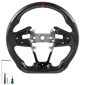 VEVOR Steering Wheel for 2016-2021 Honda Civic, Carbon Fiber Steering Wheel D-Shaped Flat-Bottom, Leather Grip with Non-Slip Texture & Precise Stitching, Accessories Replacement for Honda Civic, Blac