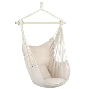 Cotton Canvas Hanging Rope Chair with Pillows, Distinctive Beige Camping Hammock Chair for Outdoor Use party bbq utility