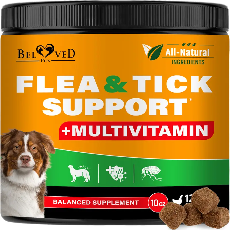 Beloved Pets Canine Flea and Tick Support Chews, Multivitamin Nutritional Supplement with Daily Canine Wellness, All Sizes Fit, Glucosamine Boost, Joint Health & Skin & Coat Support, Weight-Based