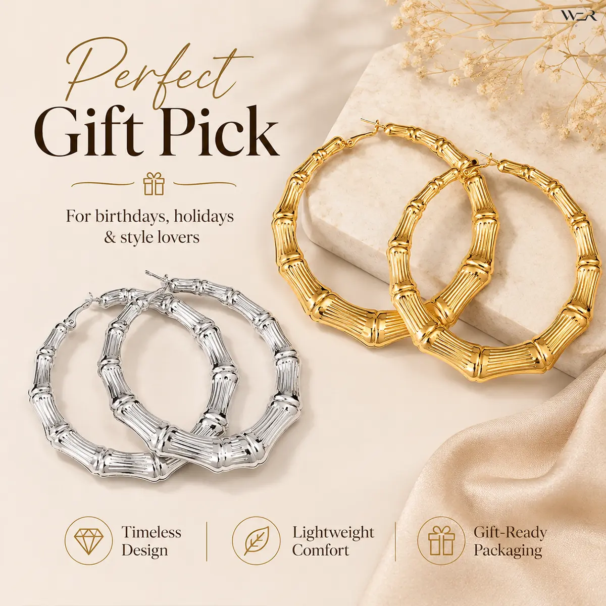 Statement Bamboo Hoop Earrings for Women, Large 8 cm Gold or Silver Tone Hoops with Segmented Texture, Lightweight 23 g Fashion Jewelry, Daily/Events, Female, Height 8.3 Cm, Bamboo-Inspired, Casual Trendy Jewelry
