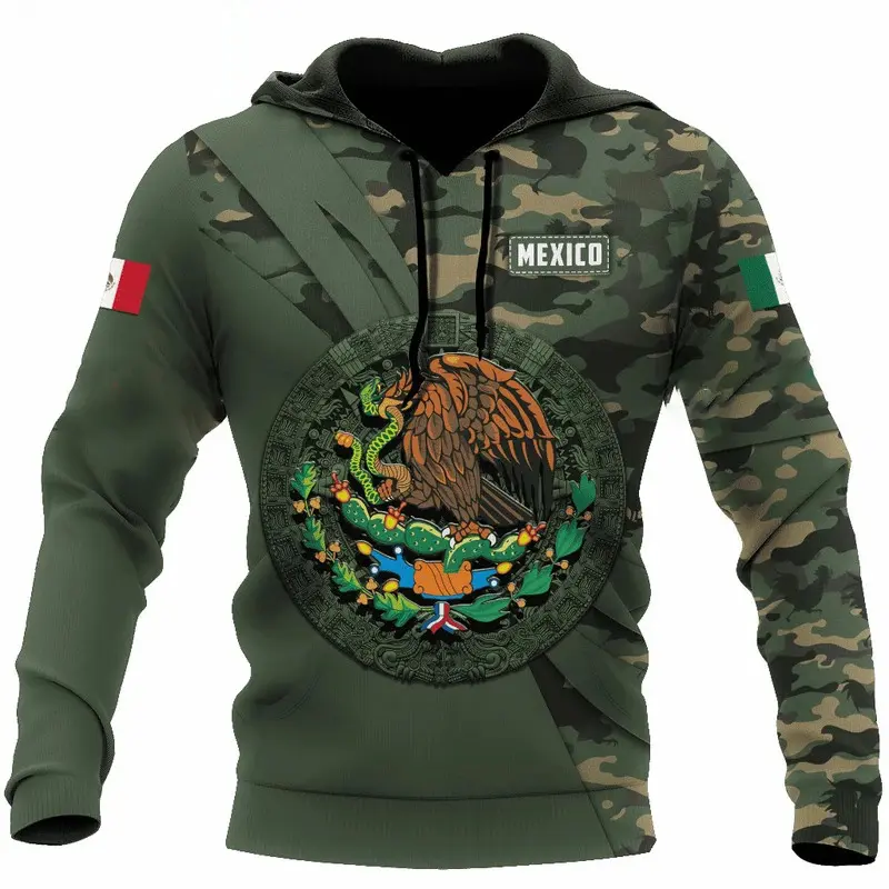 Men's Casual 3D Mexico Flag Camo Graphic Pullover Hoodie, Long Sleeve Oversize Polyester Clothes with Custom Name Option, Menswear, Oversized