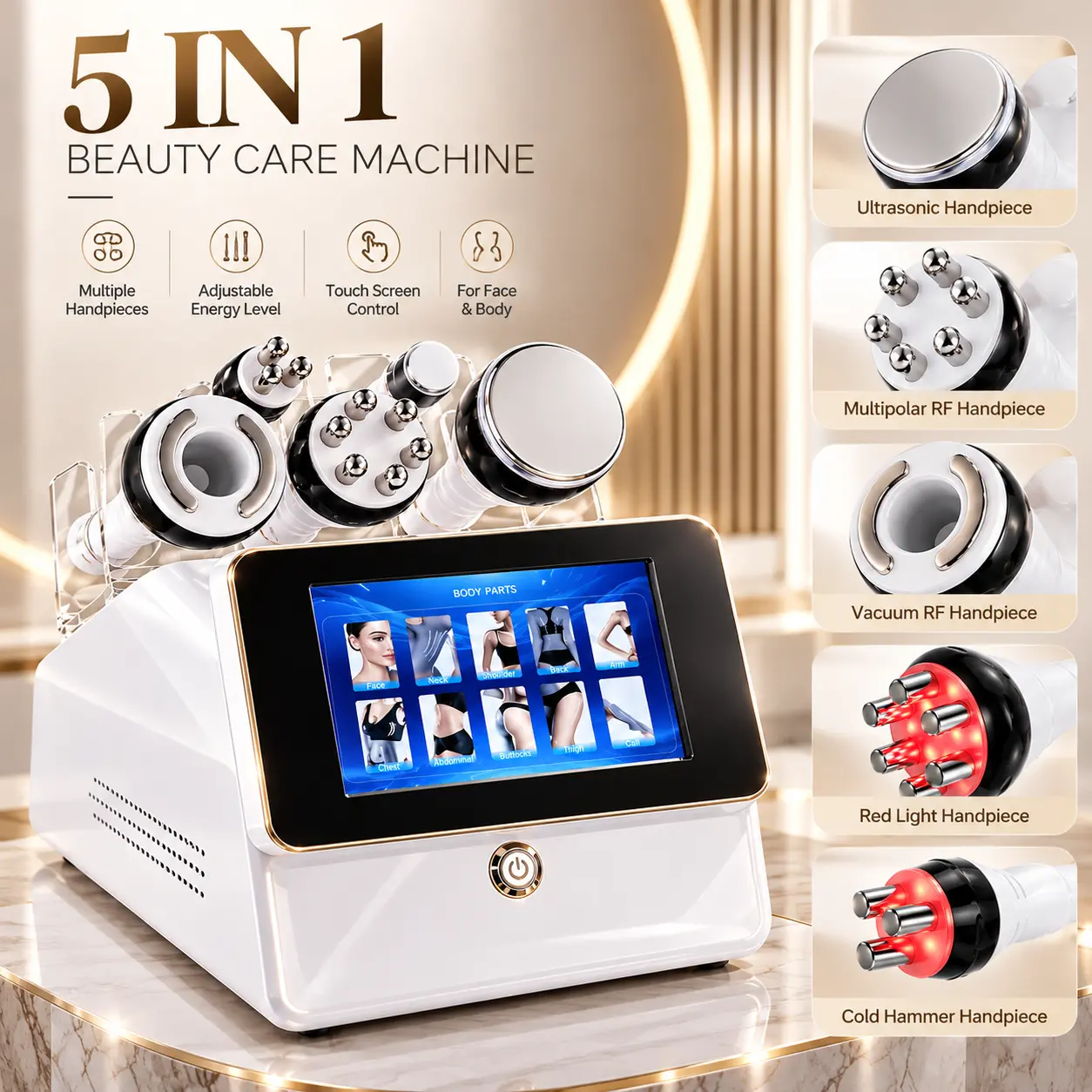 5-in-1 Beauty Care Device for Face & Body, Multi-Function Skincare Machine with 5 Handpieces, Touch Screen Control, Adjustable Settings for Home Beauty Routine