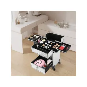Professional Rolling Makeup Train Case, Aluminum Alloy Cosmetic Trolley Cases Nail Storage Case W/Drawer&4 Wheel, Portable Nail Salon Trolley Case Makeup Trolley Case For Makeup,Sliver
