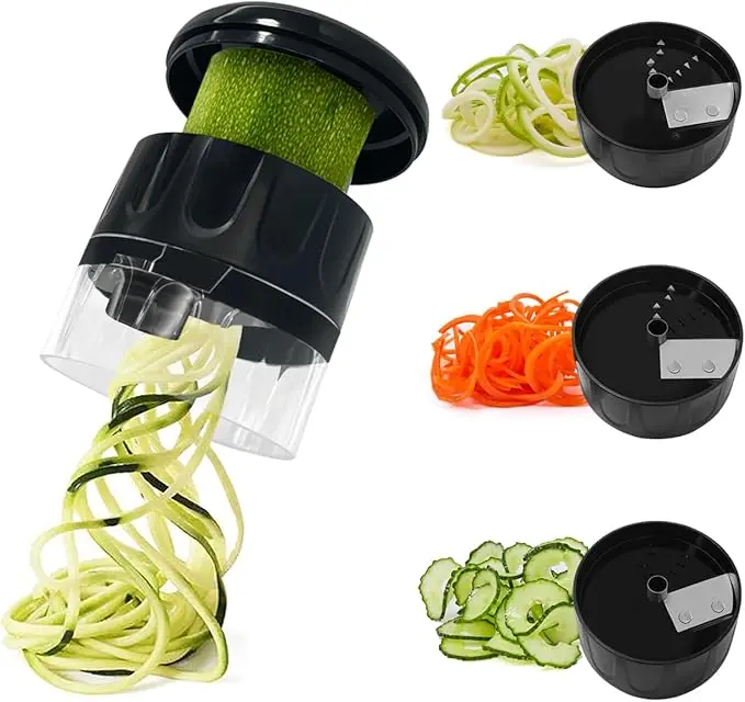 Black 3-in-1 Anti-Slip ABS Vegetable Spiralizer - Cutter, Noodle Maker with 3 Modes, Minimal Space, Pocket-Sized Stainless Steel Adjustable Kitchen Utensil for Low Carb Veggie Noodles, Safe During Use, Maximize Yield (Zucchini, Cucumber)