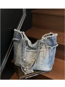 Vintage Frayed Denim Tote Bag, Pearl Chain Large Capacity Shoulder Bag, Perfect for Travel & Shopping, Distressed Denim Tote Bag