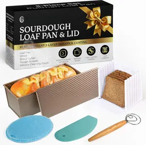 5-Pack Pullman loaf pan with Lid  Sourdough Loaf Pan Set, Includes Dough Scraper, Whisk,  Cleaning Brush & Bread   Long Loaf Pan with Lid for Homemade Loaf