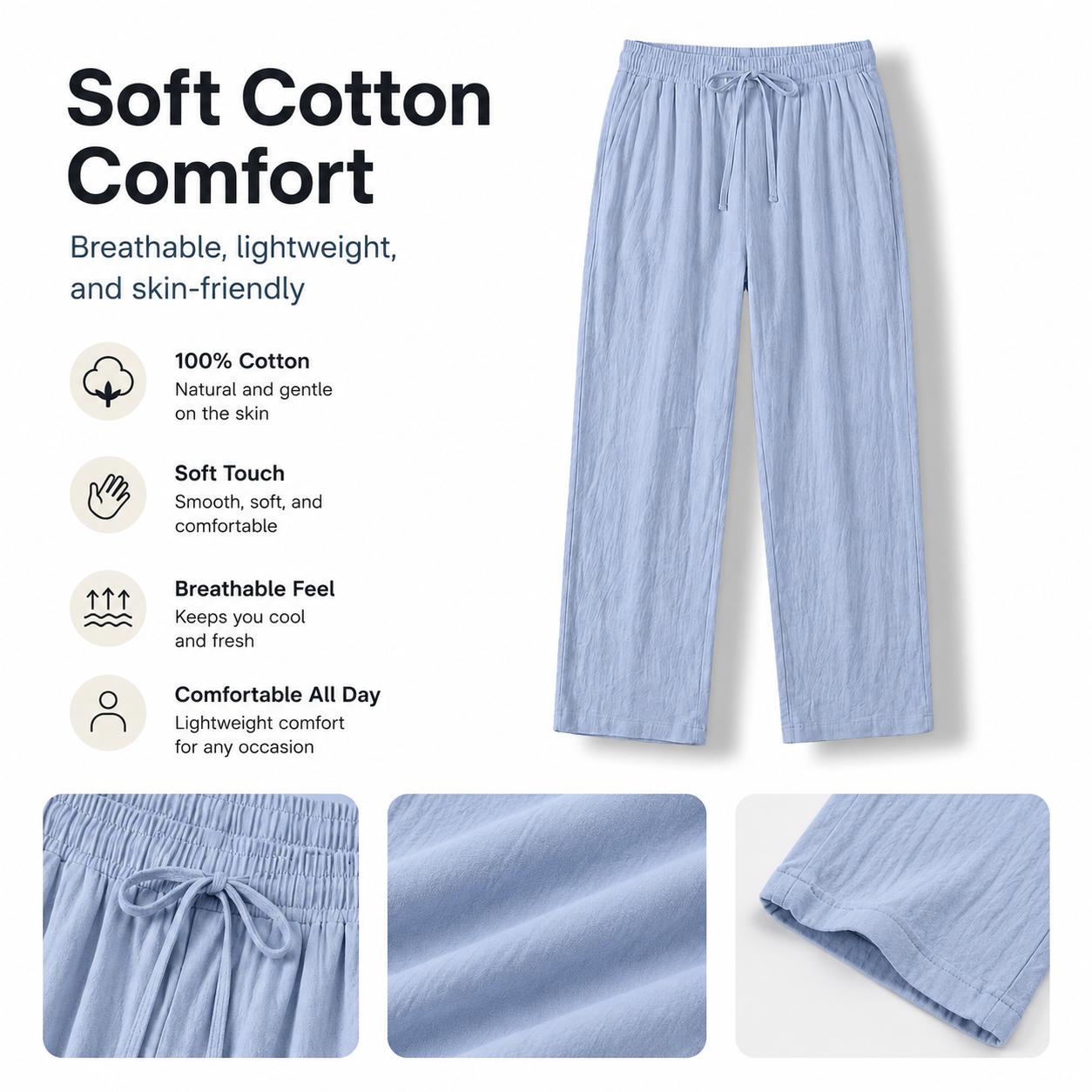 3-pack men’s 100% cotton casual pants: lightweight drawstring pants, breathable straight sleep pants with pockets—suitable for everyday wear, sports, leisure, and outdoor beach activities.