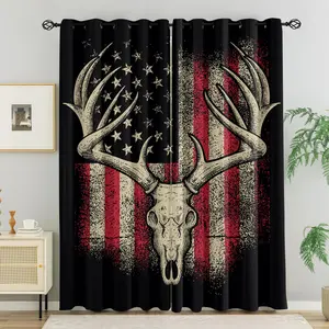 Vintage American Flag and Deer Skull Blackout Curtains 2Pcs/Set, No-Hook Ring Design, Washable Fabric, Bedroom Living Room Study Room UV Protection, American Vintage Hunting Style Home Decor, Gift Choice