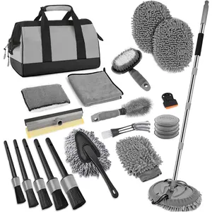 Wash Kit,  Washing Brush with Long Handle, Extendable  Wash Brush Mop with 2-in-1 Windshield  and 9 count Detailing Brushes, Gray  Detailing Kit  for Men