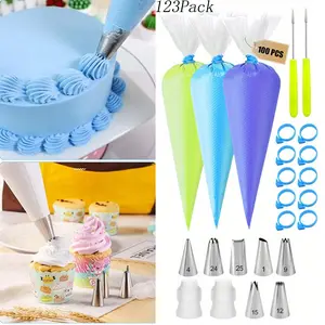 123 Pack Piping Bags and Tips Set,include 7 Frosting Tips, 10 Icing Bags Ties, 2 Scriber Needle,100 Disposable Pastry Piping Bags,for Cake Decorating Tools
