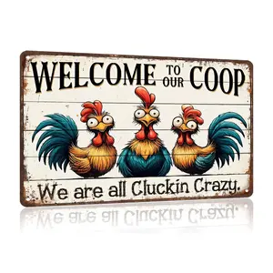 Welcome to Our Coop Sign "We Are All Cluckin Crazy" Metal Tin Sign - Rustic Farmhouse Wall Decor with Vintage Chicken Art, 12"x8" Funny Kitchen & Chicken Coop Accessories, Chicken Coop Decorations, Rustic Weathered Finish Gift Door