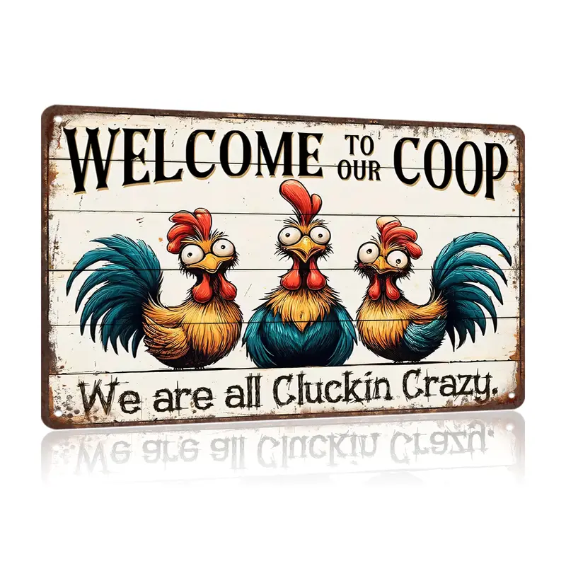 "Cluckin Crazy" Chicken Barn Metal Tin Sign - 12"x8" Antique Aged Vintage Animal Character Home Sign, Rustic Weathered Farmhouse Wall Decor, Funny Kitchen Accessory, All Ages Gift