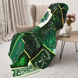 Slytherin House Fleece Throw Blanket, Green and Black, Word Cloud Design with House Symbols, Magical School Theme for Home Office Travel Camping