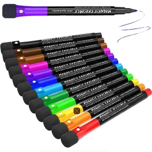 Magnetic Dry Erase Markers 12 Colors - Fine Tip, Eraser-Capped Refillable Whiteboard Pens, Easy to Write & Erase, Ideal for Home Office Use, Drawing Pens Set, Stationery Writing Tools