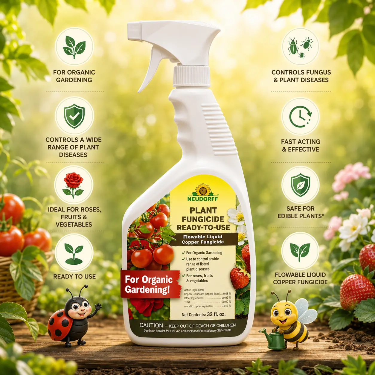 Neudorff 32oz Copper Soap Plant Fungicide Concentrate - Organic Safe Fungal Control, Targets Powdery Mildew for Roses, Fruits, Vegetables & Organic Gardening
