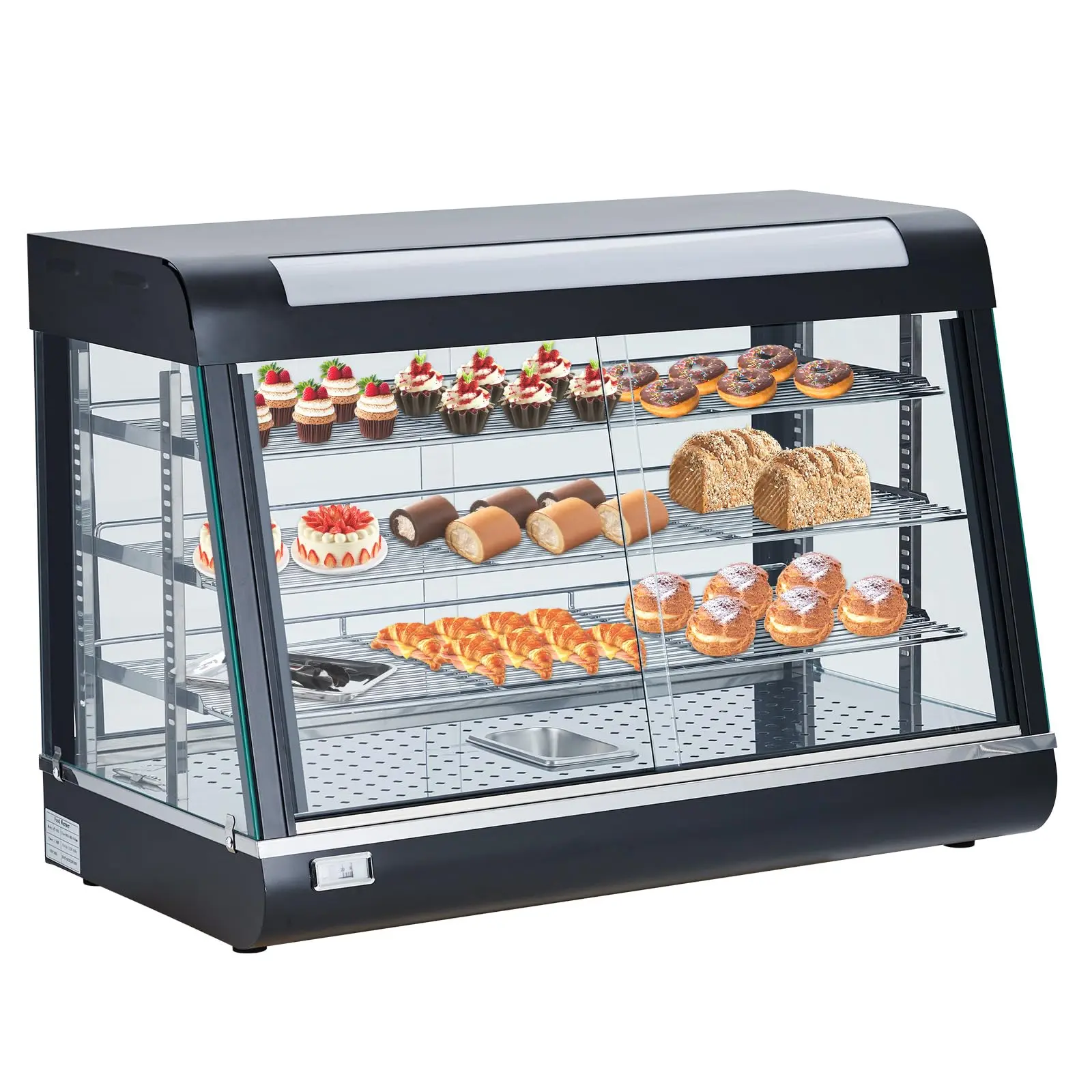 GAOMON 35" Display Pizza Warmer, 3-Tier, 800W Electric Countertop Food Warmer w/LED Lighting, 3D Heating, Bottom Fan, Removable Shelves, Glass Door, Temperature Knob/Indicator, Led Lights, Stainless Steel, Tempered Glass