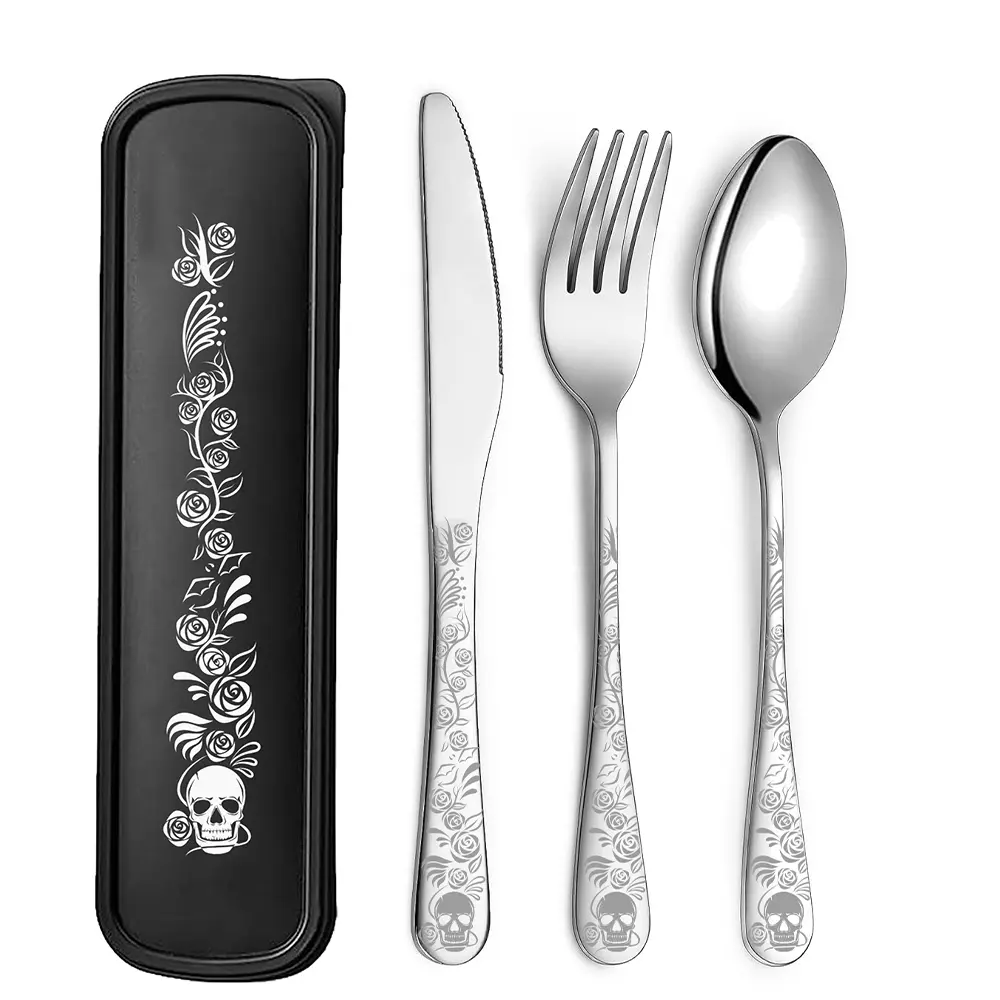 Halloween Gift Portable Gothic Dinnerware Set, 4-Piece Stainless Steel Cutlery with Box, Utensils Included, Fork and Spoon Set, Ideal for Camping Hiking Office School Gifts, Portable Tableware Set, Travel Cutlery Set