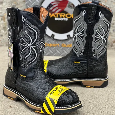 830 Nuca Black Steel Toe Patron Work Boot - Goodyearwelt Construction, Comfortable Insert, Alligator Print Design - Boy, Footwear Closed