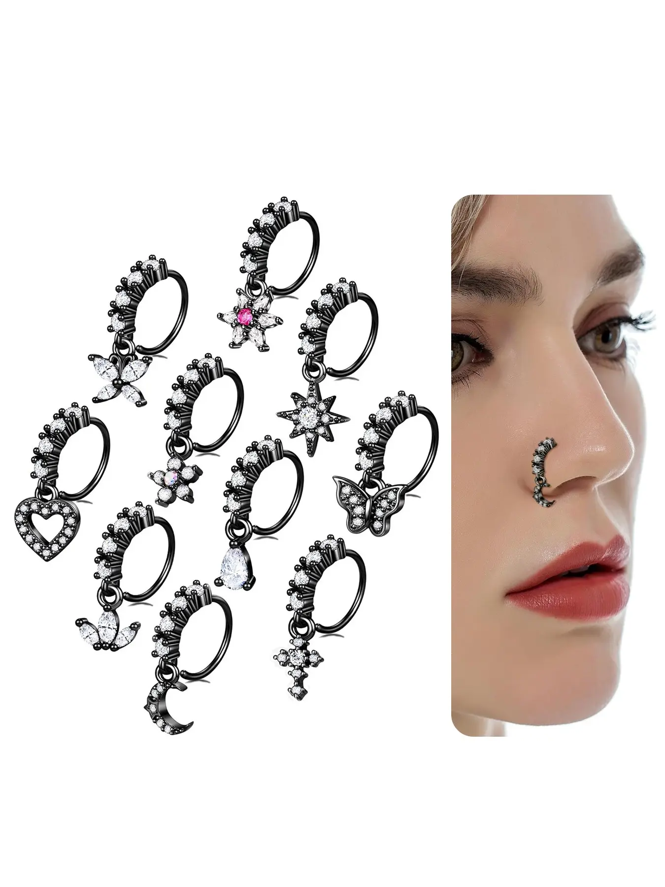 10Pcs Dangle Nose Rings Hoop Nose Ring Hoops Nosepiercings Septum Piercing Butterfly Heart Star CZ Cartilage Earring Dangling Nose Body Piercing Jewelry, Body Jewellery 20G Silver Rose Gold Black Tone Earrings Set Cartilage Piercings
