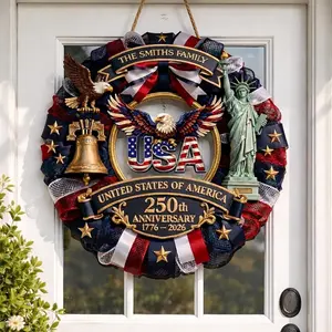 250th Independence Day Anniversary Wooden Striped Wreath, Home Front Door Wall Hanging Decor, Casual Style, Harvested in China