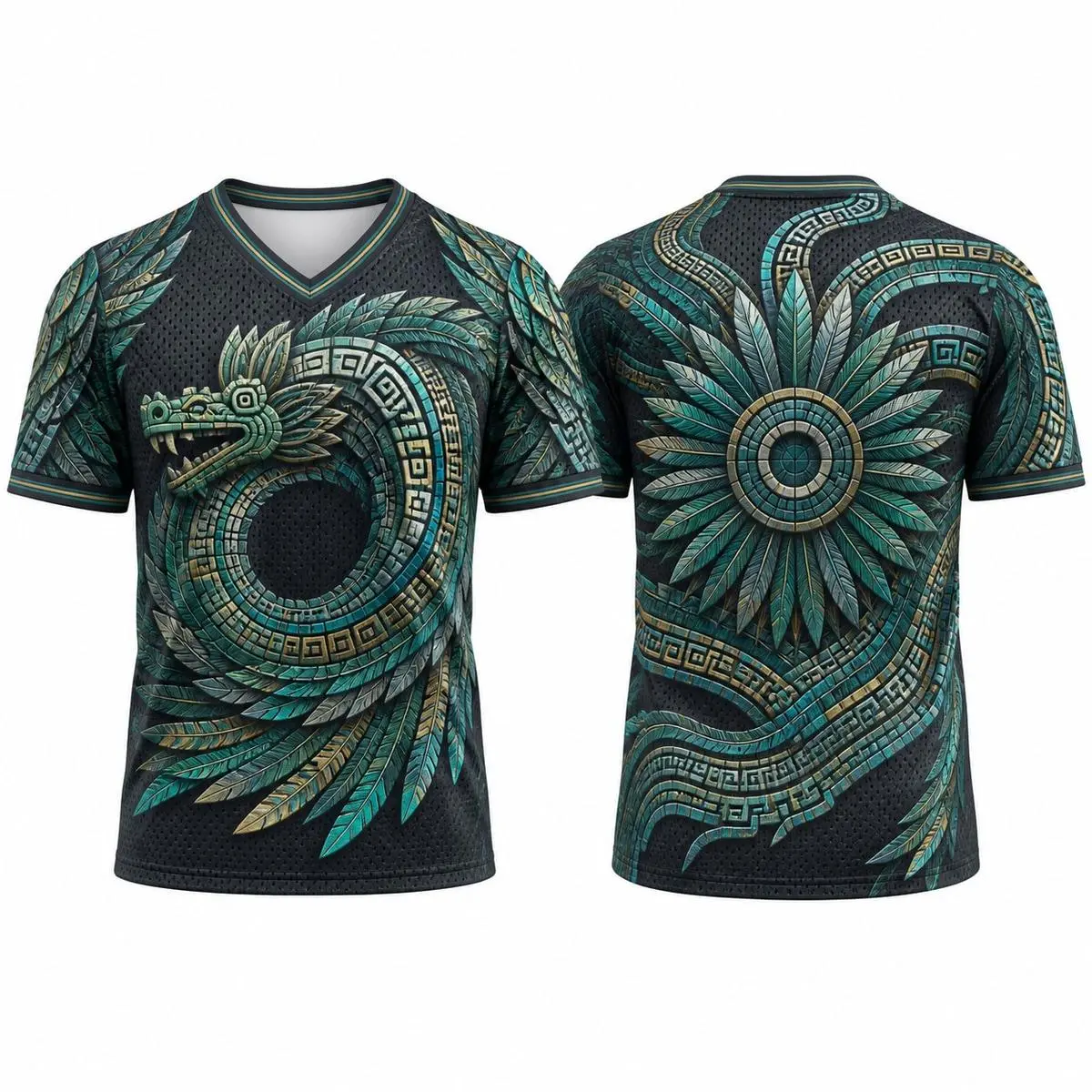 Unisex Mexican Independence Day Quetzalcoatl Feathered Serpent V-Neck Mesh Fabric Short Sleeve Top - All-Over Print Athletic Jersey, Multi-Size Cultural Streetwear, Short Sleeve Tops