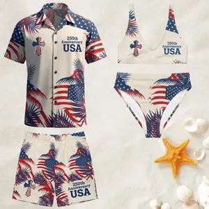 Matching Couple Swimwear, 250 Years America Red White Blue Tropical Flag Palm Tree Christian Cross Print Swim Set, Best 4th of July & Independence Day Couple Gift for Boyfriend & Girlfriend