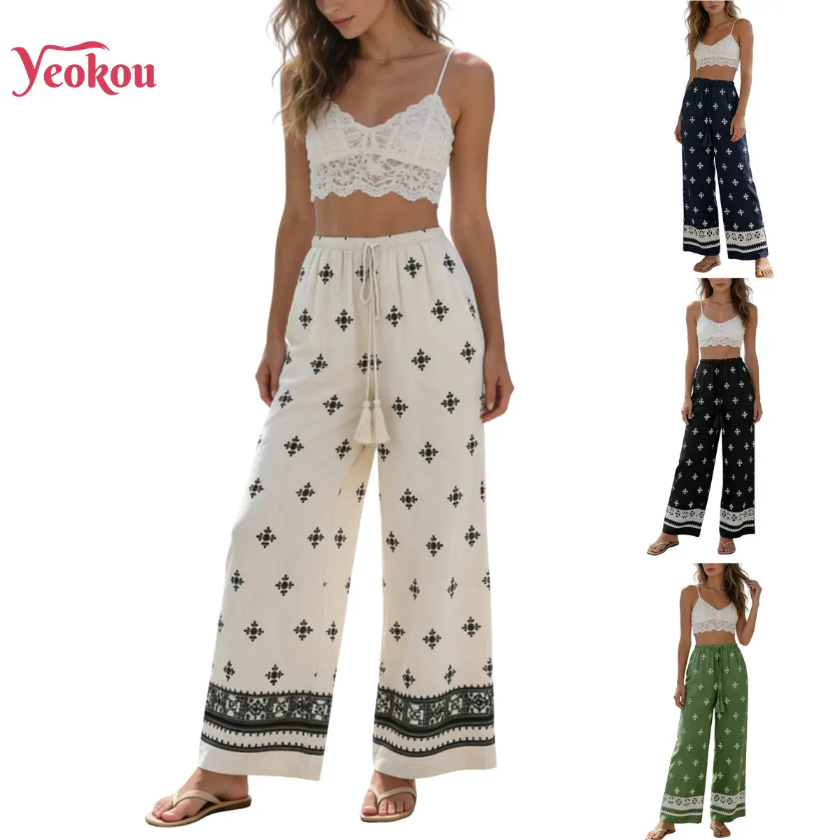 Yeokou Women's Elastic Wide Leg Boho Hippie Pants - 2026 Chic Floral Flowy Print Linen-Feel Fabric Trousers, Resort Style Pants for Summer Beach Vacation Resort Wear