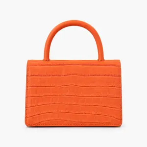 Orange Croc Mini Top Handle Bag Eye Catching 3D Croc Embossed Structured Tiny Satchel Designer Dupe Luxury Vibe Solid Orange Mini Handbag Statement Summer Fashion Ladies Hand Purse For Brunch Date Club Street Daily Outfit erin ita casual everyday hobo