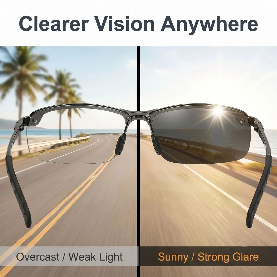 Paleshy HD Polarized Photochromic PC Sunglasses - UV400 Protection, Unisex 2026 Summer Retro Oversized Semi-Rimless Simple Square Frame Fashion Accessories for Driving, Outdoor Sports