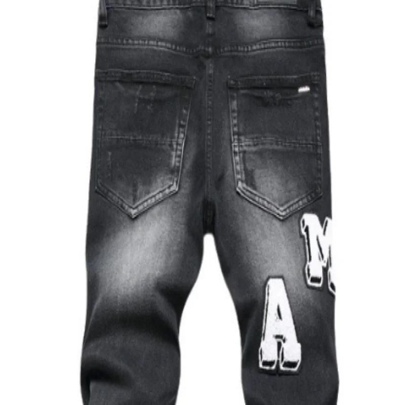 Men's retro black jeans with ripped holes, trendy stretch slim fit, fashionable pants, versatile men's pants Casual