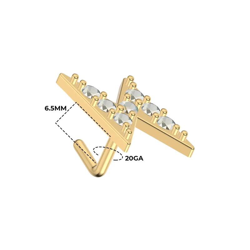 PVD Gold Plated Surgical Steel 20G Lightning Bolt Nose Stud L-Shaped Nose Rings CZ 1/4"