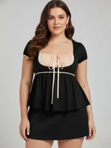 Plus Size Vintage Peplum Top for Women, French Cottagecore Puff Sleeve Blouse with Ruched Bust & Ribbon Tie Front, Slimming High-Waist Flared Hem Top for Casual, Daily Wear & Cute Outfits