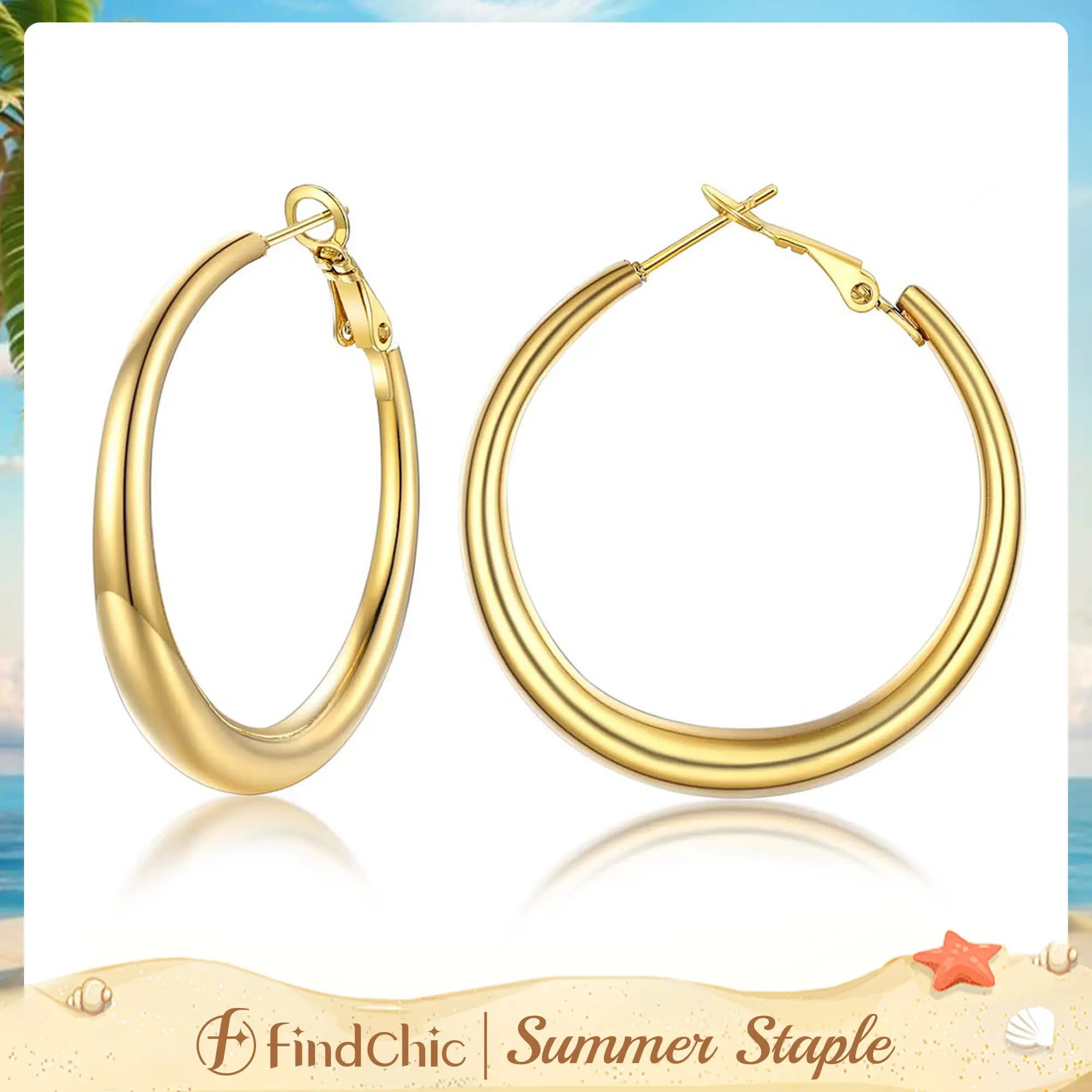 FindChic 14K Gold Plated Chunky Lightweight Hoop Earrings for Women Hypoallergenic Daily Black Silver Gold Plated Stainless Steel 40/60/80mm Polished Daily Big Large Oversized Statement Hoops Earrings Jewelry Gift for Women Girls #tiktokshopsummersale