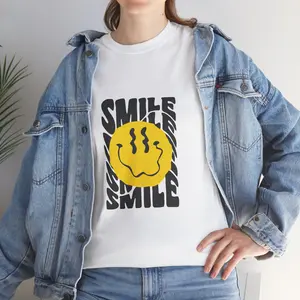 Smile Face Unisex Heavy Cotton Tee Casual Wear Graphic Tee Gift for Friends Everyday Comfort Positive Vibes Smile Merch Elastic Ribbed Knit Shirt Streetwear Top Women's wear - #11