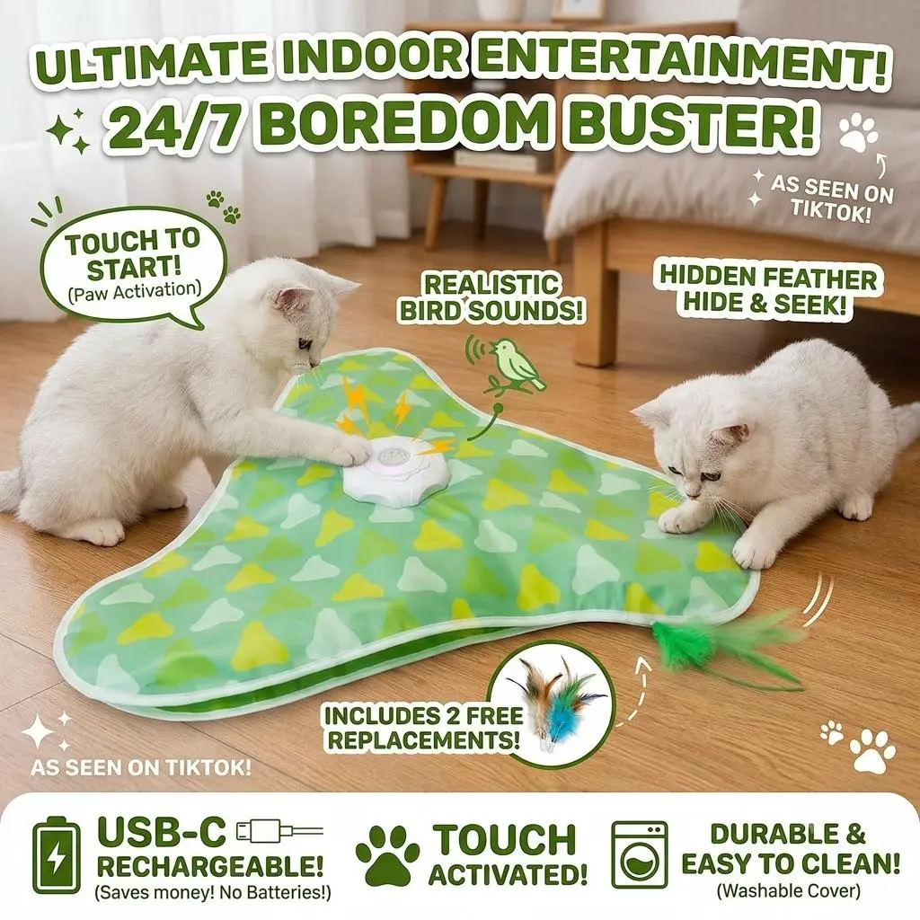 Interactive Cat Toys for Indoor Cats, Automatic Hide and Seek Toy Mat, Motion Activated with Moving Feather & Mouse Squeaks, USB Rechargeable Cat Enrichment Exercise Toy for Bored Adult Cats & Kittens