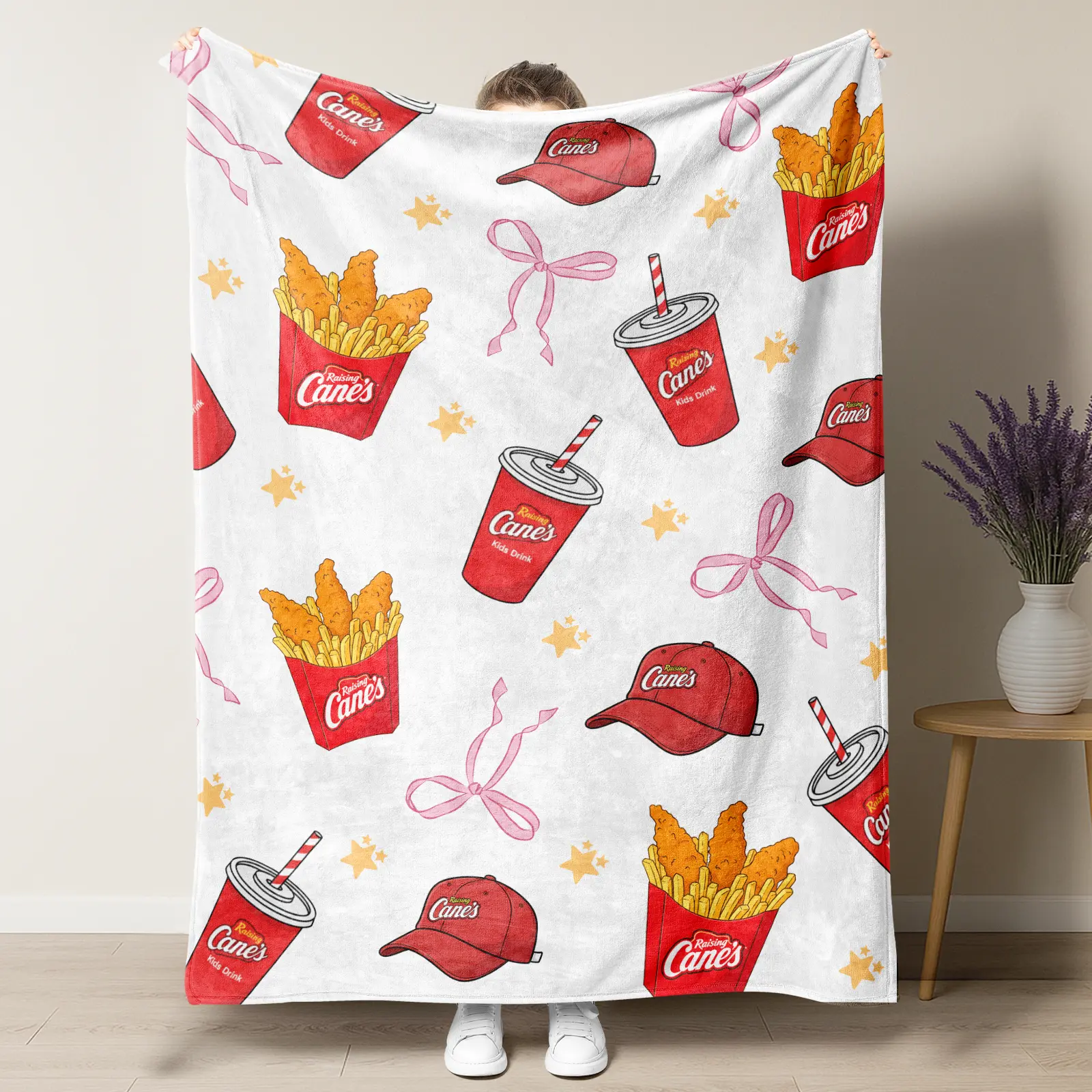 Raising Cane's with Pink Bow Cute Blanket, Perfect for Sofa, Bed, Travel, and Flight Essentials, Comfortable Napping Blanket, Essential Home Textile, Figure Print Blanket