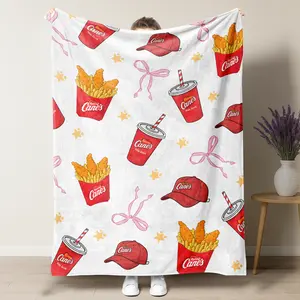 Raising Cane's with Pink Bow Cute Blanket, Perfect for Sofa, Bed, Travel, and Flight Essentials, Comfortable Napping Blanket, Essential Home Textile, Figure Print Blanket