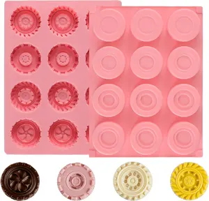2Pcs 3D Round Silicone Tire Mold for Chocolate, 12-Cavity Silicone Truck Wheel Mold for Chocolate, Candy, Jelly, Fondant.
