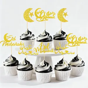 5/10pcs Gold Moon Stars Eid Mubarak Cake Topper ，for Ramadan Kareem Festival Party Cake Dessert Baking Decoration Supplies