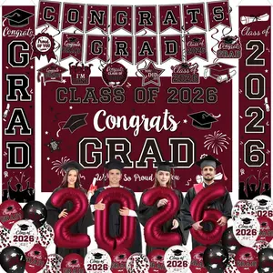 Graduation Decorations Class of 2026 - Graduation Party Supplies with Congrats Grad Backdrop & Banner, Hanging Swirls, Porch Sign, Balloons for High School & College Celebrations