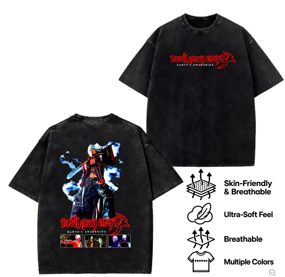 Devil May Cry 3 Dante’s Awakening Washed T-Shirt, Dante DMC3 Graphic Tee, Retro Gaming Anime Shirt, Vintage Washed Unisex Cotton Streetwear Tee, Gamer Gift