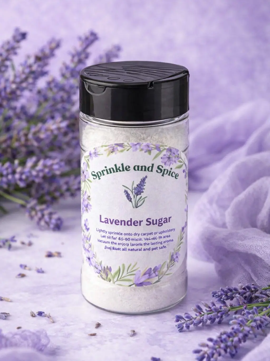 Household Carpet and Upholstery Freshener Powder - Home Cleaning Products with Natural Ingredients, Aromatherapy Fragrance, Sugar-Infused Lightly Sweet Lavender-Vanilla Baking Scent for Indoor Care
