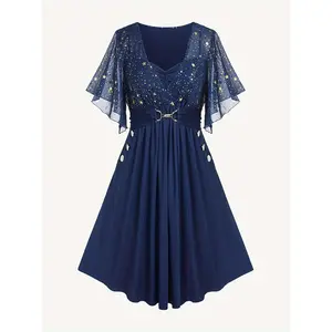 Fashion women's plus size explosions star print button pocket pleats butterfly sleeve elegant temperament dress