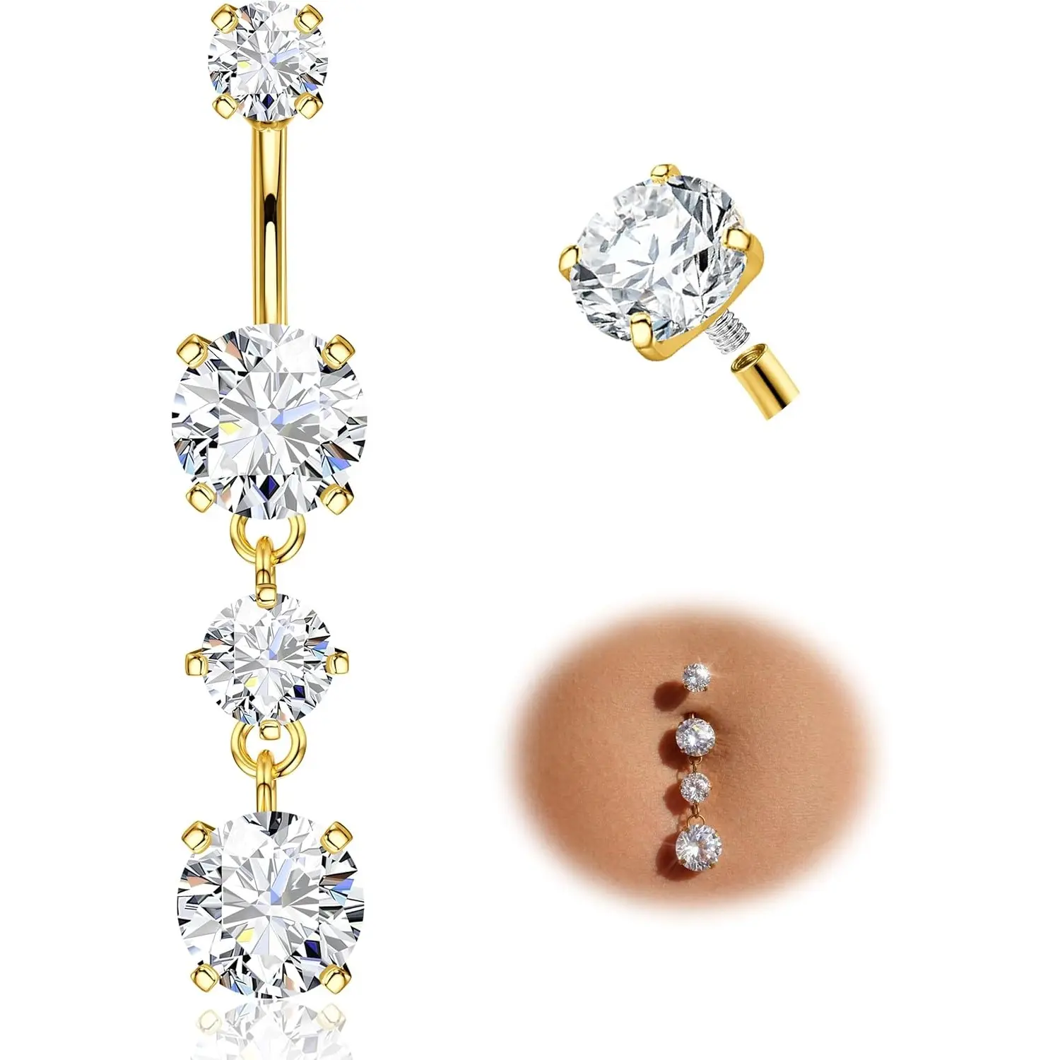 Sparkly Dangle Belly Button Ring, 14G G23 Titanium Internally Threaded, Hypoallergenic Body Piercing Jewelry for Women with Bling Effect